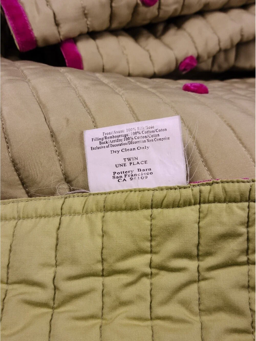Pottery Barn Green Silk Quilt With Pink Flowers Twin